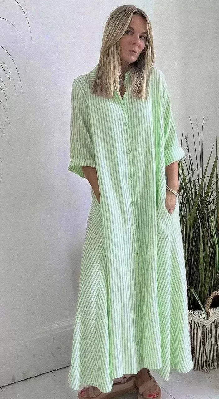 Damen Maxikleid – Lockere Passform – Streifenmuster – Knopfleiste – Baumwollmix