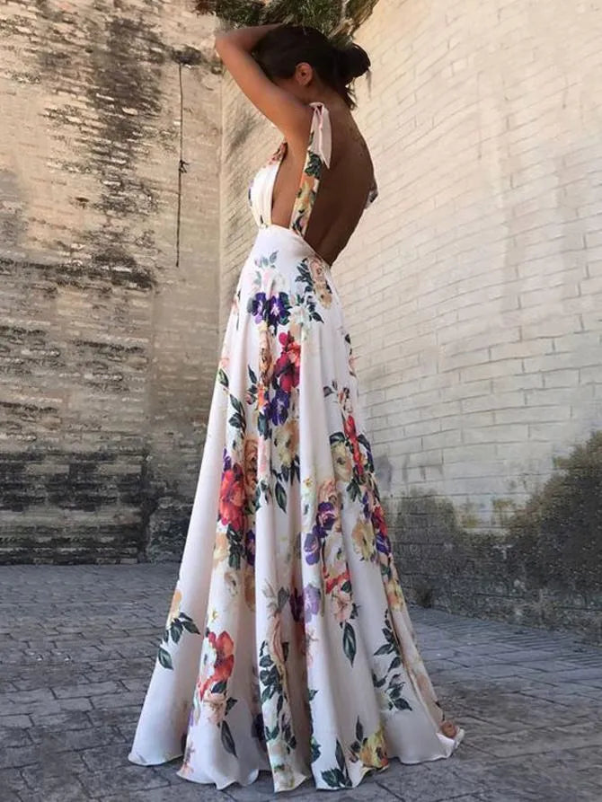 Damen Maxikleid – Fließender Schnitt – V-Ausschnitt – Rückenfrei – Blumenmuster
