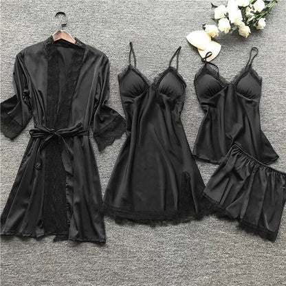 Damen Nachtwäsche Set – Satin Look – Spitze – Lockerer Schnitt – 4-teiliges Ensemble