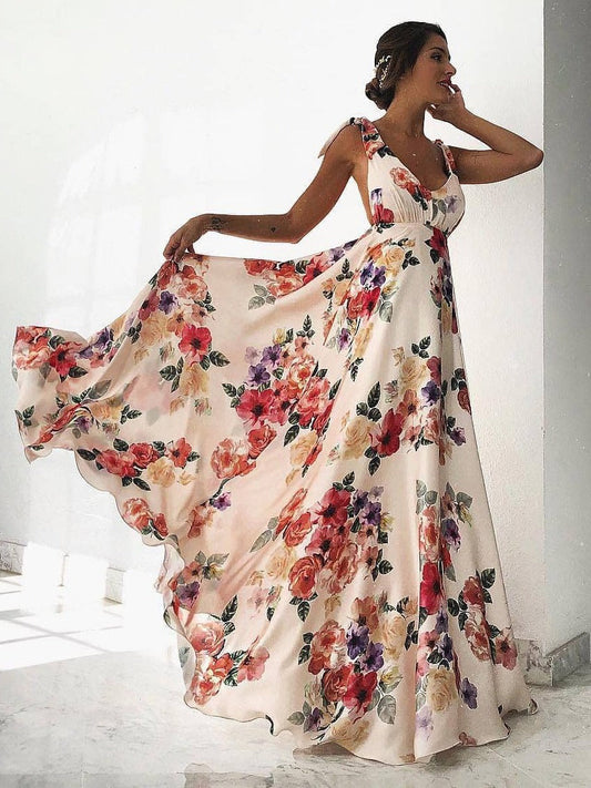 Damen Maxikleid – Fließender Schnitt – V-Ausschnitt – Rückenfrei – Blumenmuster