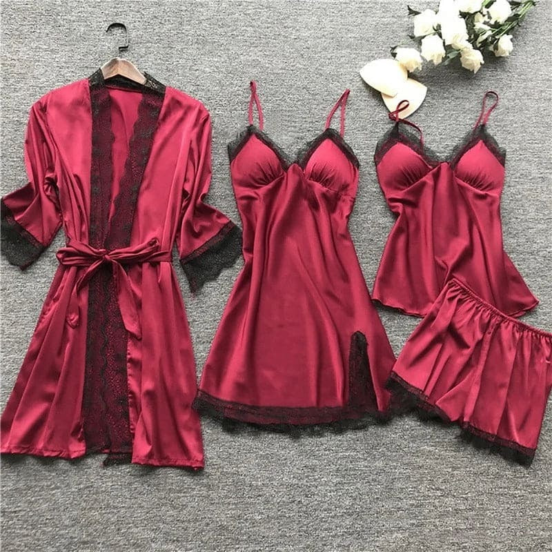 Damen Nachtwäsche Set – Satin Look – Spitze – Lockerer Schnitt – 4-teiliges Ensemble