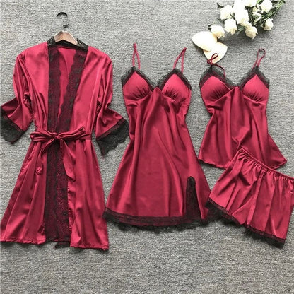 Damen Nachtwäsche Set – Satin Look – Spitze – Lockerer Schnitt – 4-teiliges Ensemble