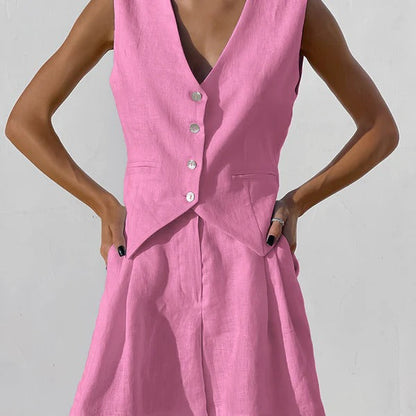 Damen Blazer Ärmellos – Linnen – Relaxed Fit – Tailliert – V-Ausschnitt – Knöpfe