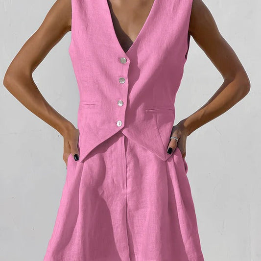 Damen Blazer Ärmellos – Linnen – Relaxed Fit – Tailliert – V-Ausschnitt – Knöpfe