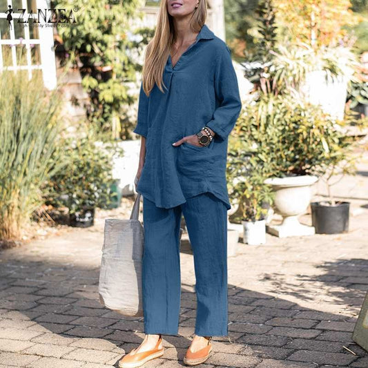 Damen Zweiteiler Set – Weite Hose mit hoher Taille – Langarm Hemd – Baumwollmix