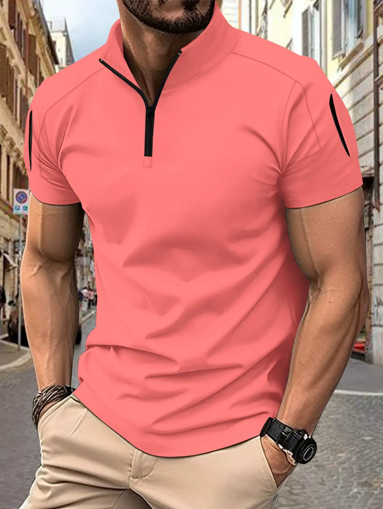 Herren Poloshirt – Slim Fit – Atmungsaktive Baumwollmischung – Zip-Kragen – Ärmeltaschen