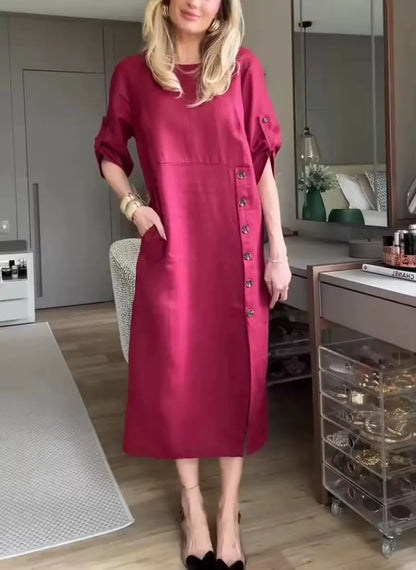 Damen Midikleid – Baumwoll Leinen – Lockerer Schnitt – Kurzarm – Knopfdetail
