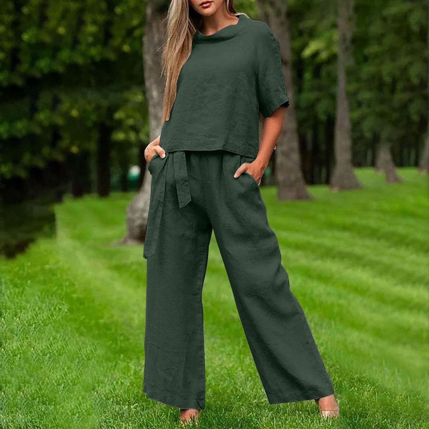 Damen Zweiteiler Set – Lockerer Schnitt – Kurzarm Oberteil – Weite Hose – Baumwollgefühl