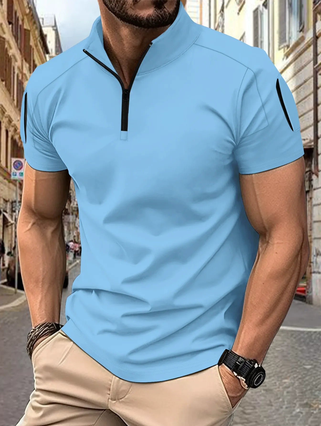 Herren Poloshirt – Slim Fit – Atmungsaktive Baumwollmischung – Zip-Kragen – Ärmeltaschen