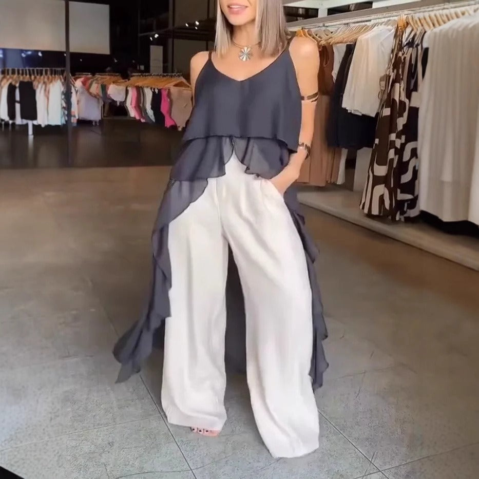 Damen Maxikleid – Fließender Schnitt – V-Ausschnitt – Rüschen – Asymmetrischer Saum