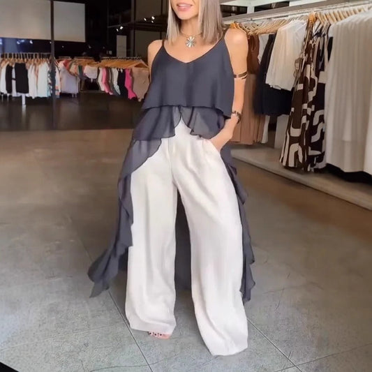 Damen Maxikleid – Fließender Schnitt – V-Ausschnitt – Rüschen – Asymmetrischer Saum