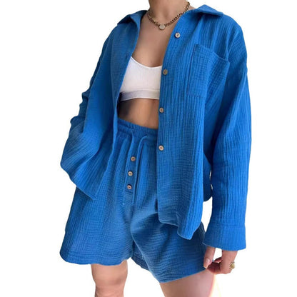 Damen Zweiteiler Set – Langarm Bluse mit Knöpfen – High Waist Shorts mit Kordelzug – Baumwolle