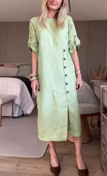 Damen Midikleid – Baumwoll Leinen – Lockerer Schnitt – Kurzarm – Knopfdetail