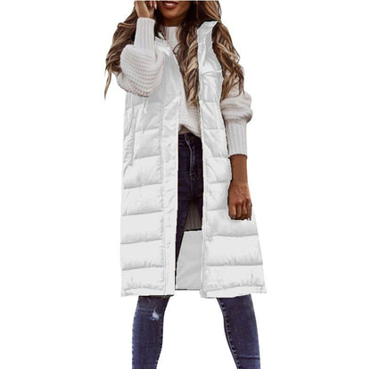 Damen Longline Steppweste mit Kapuze – Relaxed Fit – Druckknopfverschluss