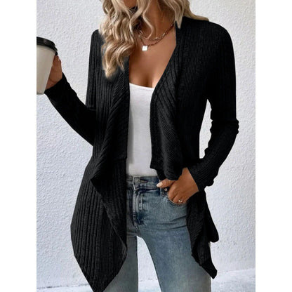 Damen Strickmantel – Wollmix – Lockerer Schnitt – Gerippt – Offene Front Drapiert