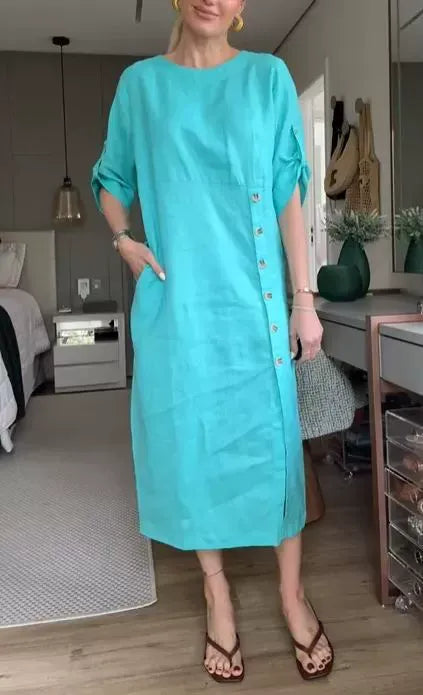 Damen Midikleid – Baumwoll Leinen – Lockerer Schnitt – Kurzarm – Knopfdetail