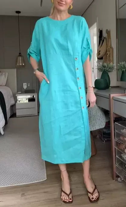 Damen Midikleid – Baumwoll Leinen – Lockerer Schnitt – Kurzarm – Knopfdetail