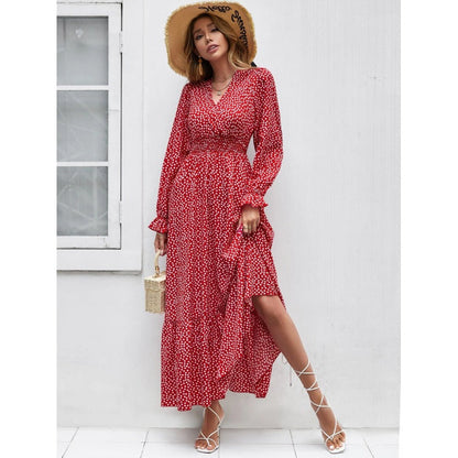 Damen Midikleid – V-Ausschnitt – Langarm – Tailliert – Baumwollstruktur – Polka Dots