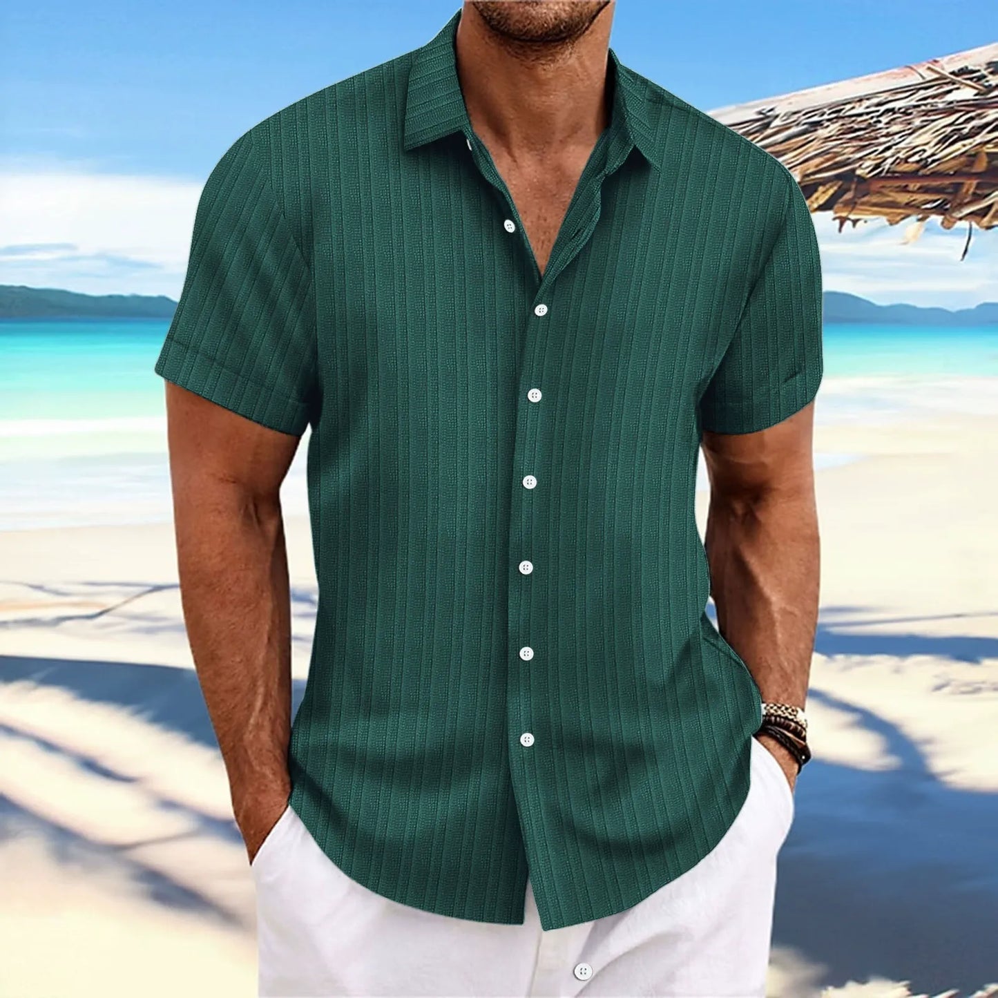 Herren Kurzarmhemd – Relaxed Fit – Jacquardstruktur –  Knopfleiste