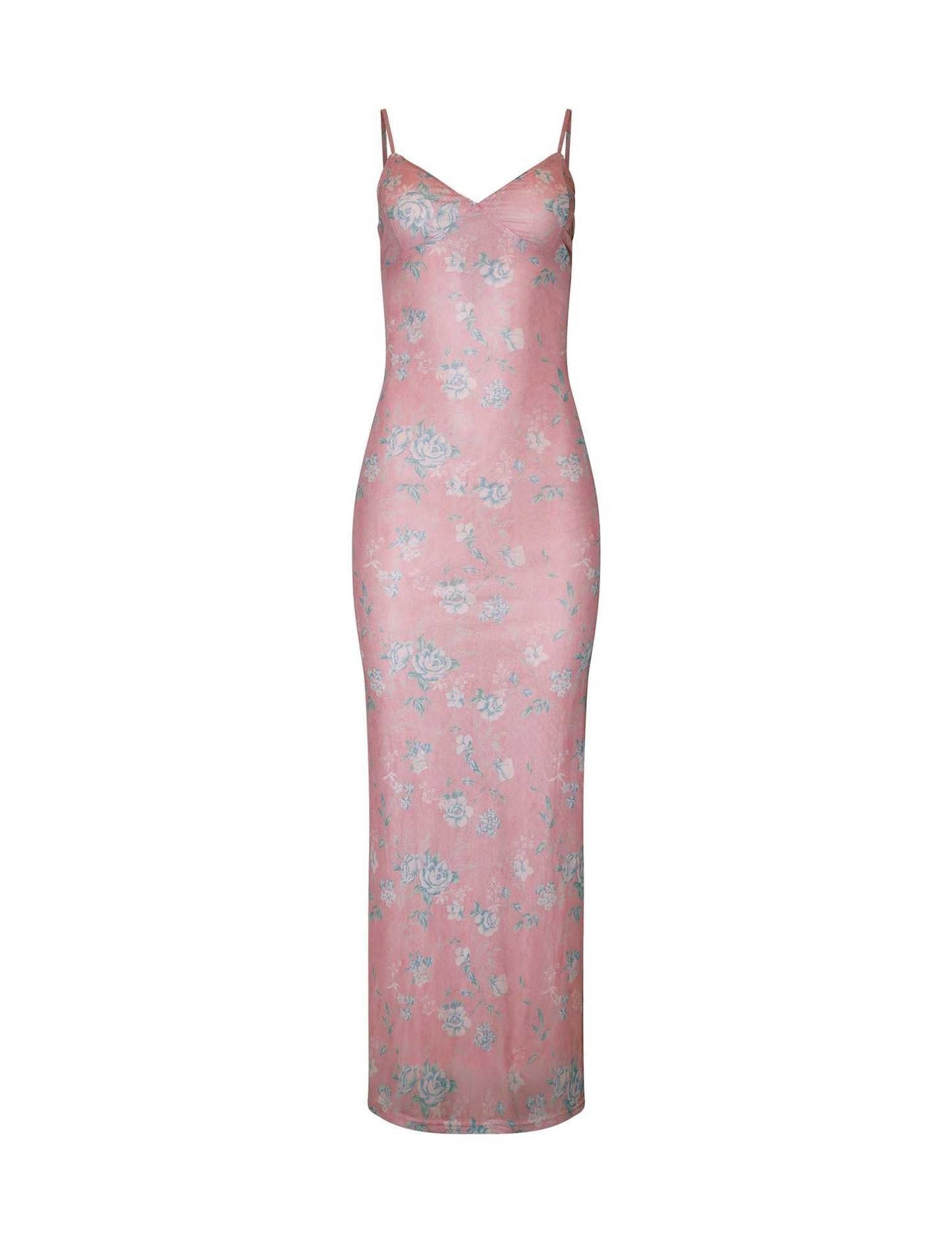 Damen Maxikleid – Slim Fit – Spaghettiträger – Blumenmuster – Elegantes Design