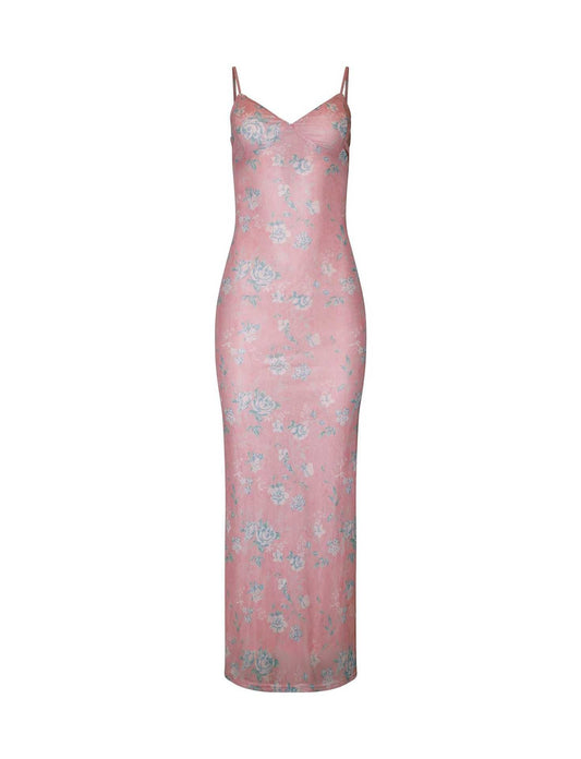 Damen Maxikleid – Slim Fit – Spaghettiträger – Blumenmuster – Elegantes Design