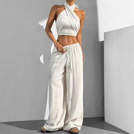 Damen Zweiteiler Set – Halterneck Wickel-Crop Top – Weite Hose – Atmungsaktive Baumwolle