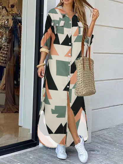 Damen Maxikleid – Relaxed Fit – Baumwollgefühl – Knopfleiste – Geometrischer Print