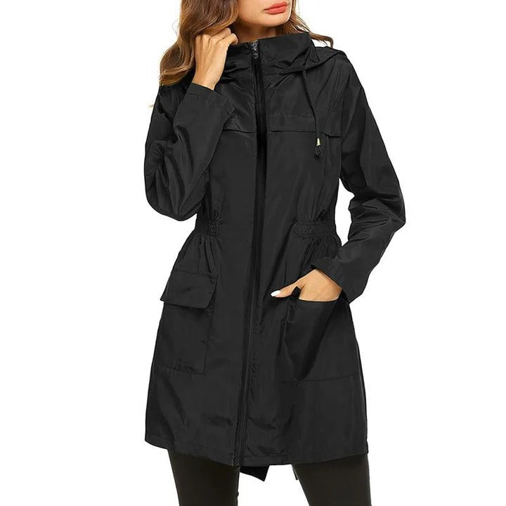Damen Regenjacke – Wasserabweisend – Verstellbare Taille – Kapuze – Mittellang – Leicht