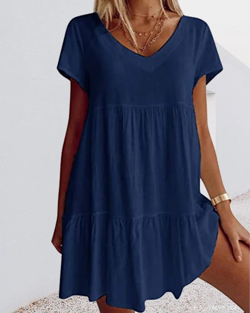 Damen A-Linienkleid – Atmungsaktives Material – Lockerer Schnitt – V-Ausschnitt – Stufendesign