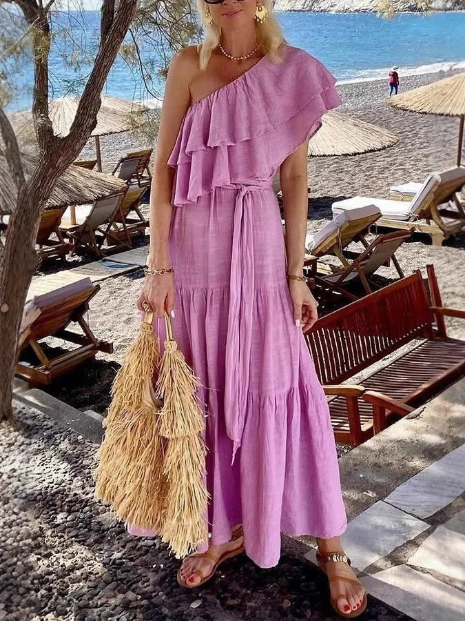 Damen Maxikleid – One-Shoulder – Rüschen – Stufenrock – Fließende Baumwolle – Lockerer Schnitt
