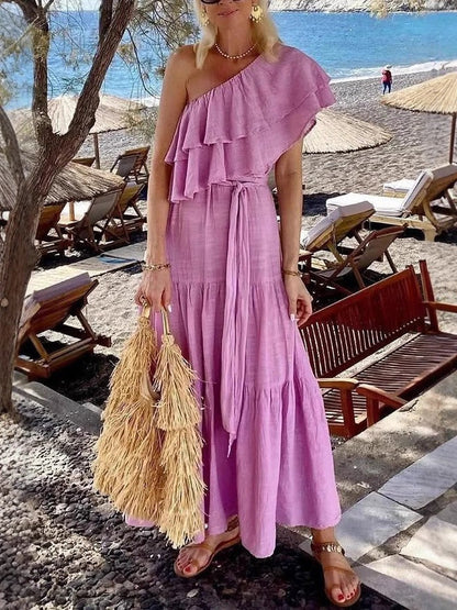 Damen Maxikleid – One-Shoulder – Rüschen – Stufenrock – Fließende Baumwolle – Lockerer Schnitt