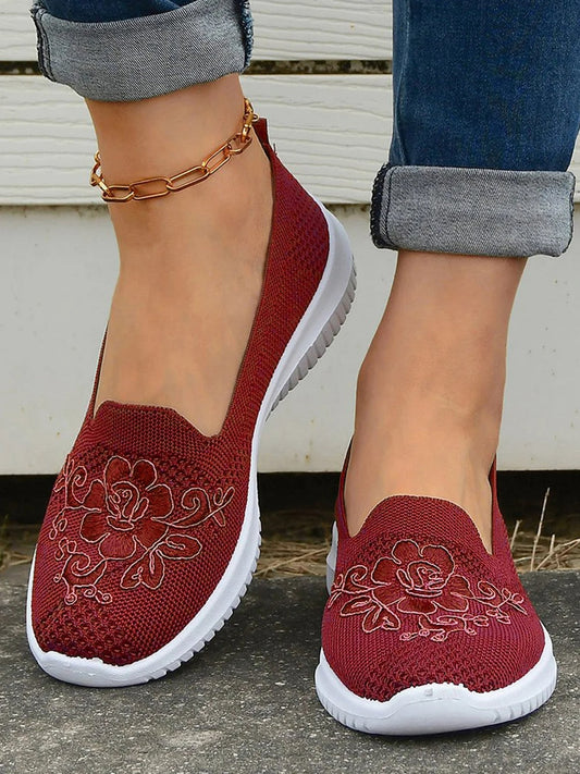 Damen Slip-On Sneaker – Atmungsaktives Strickgewebe – Florale Stickerei – Bequeme Passform