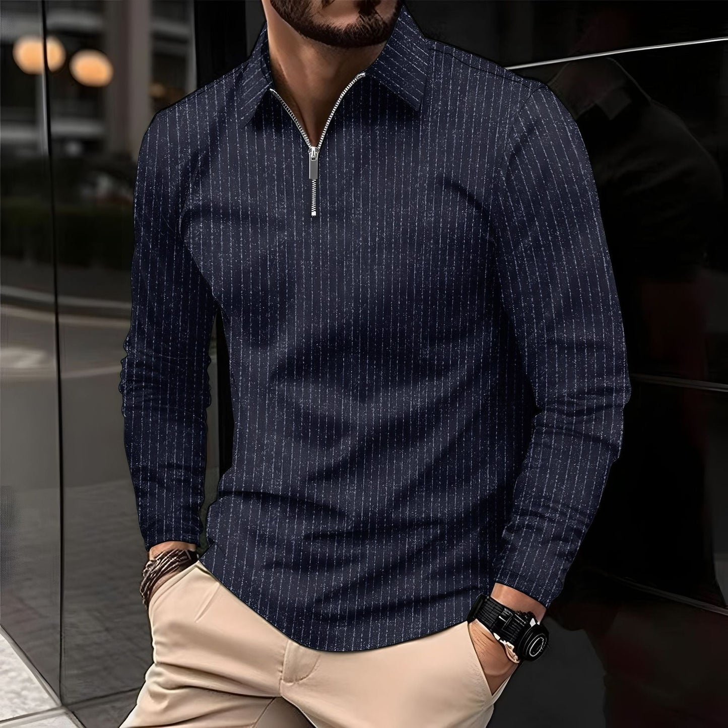 Herren Langarmhemd – Slim Fit – Stehkragen – Reißverschluss – Atmungsaktiv Baumwolle