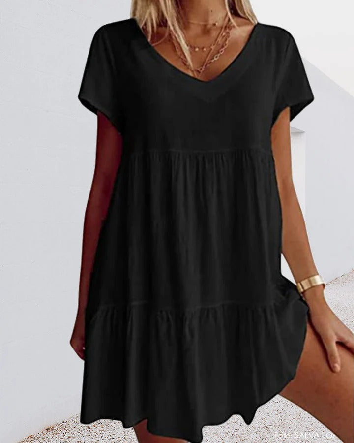 Damen A-Linienkleid – Atmungsaktives Material – Lockerer Schnitt – V-Ausschnitt – Stufendesign