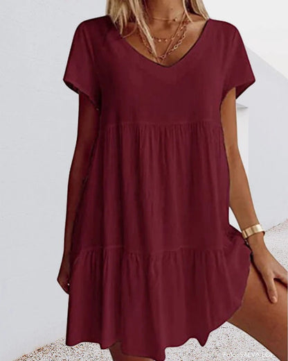Damen A-Linienkleid – Atmungsaktives Material – Lockerer Schnitt – V-Ausschnitt – Stufendesign
