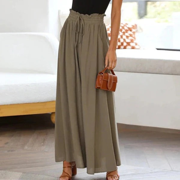 Damen Weite Hose – Hoher Bund – Baumwolle – Fließend Weit – Kordelzug Taille