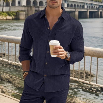 Herren Langarmhemd – Slim Fit – Baumwollgefühl – Gestreift – Knopfleiste