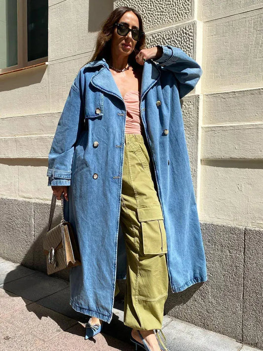 Damen Trenchcoat – Oversize Schnitt – Denim – Gürtel – Doppelreiher – Langform