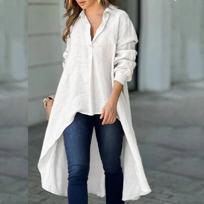 Damen Bluse – Lockerer Schnitt – Lange Ärmel – High-Low Saum – Baumwollmix