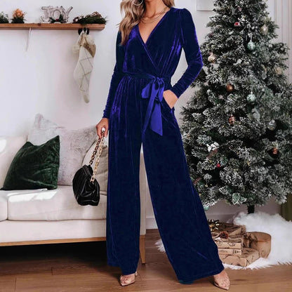 Damen Jumpsuit – Taillierte Passform – Velours – V-Ausschnitt – Langarm – Weites Bein