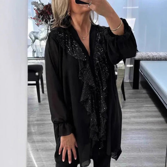 Damen Bluse – Sheer Stoff – Lockerer Schnitt – Langarm – Rüschen mit Glitzer