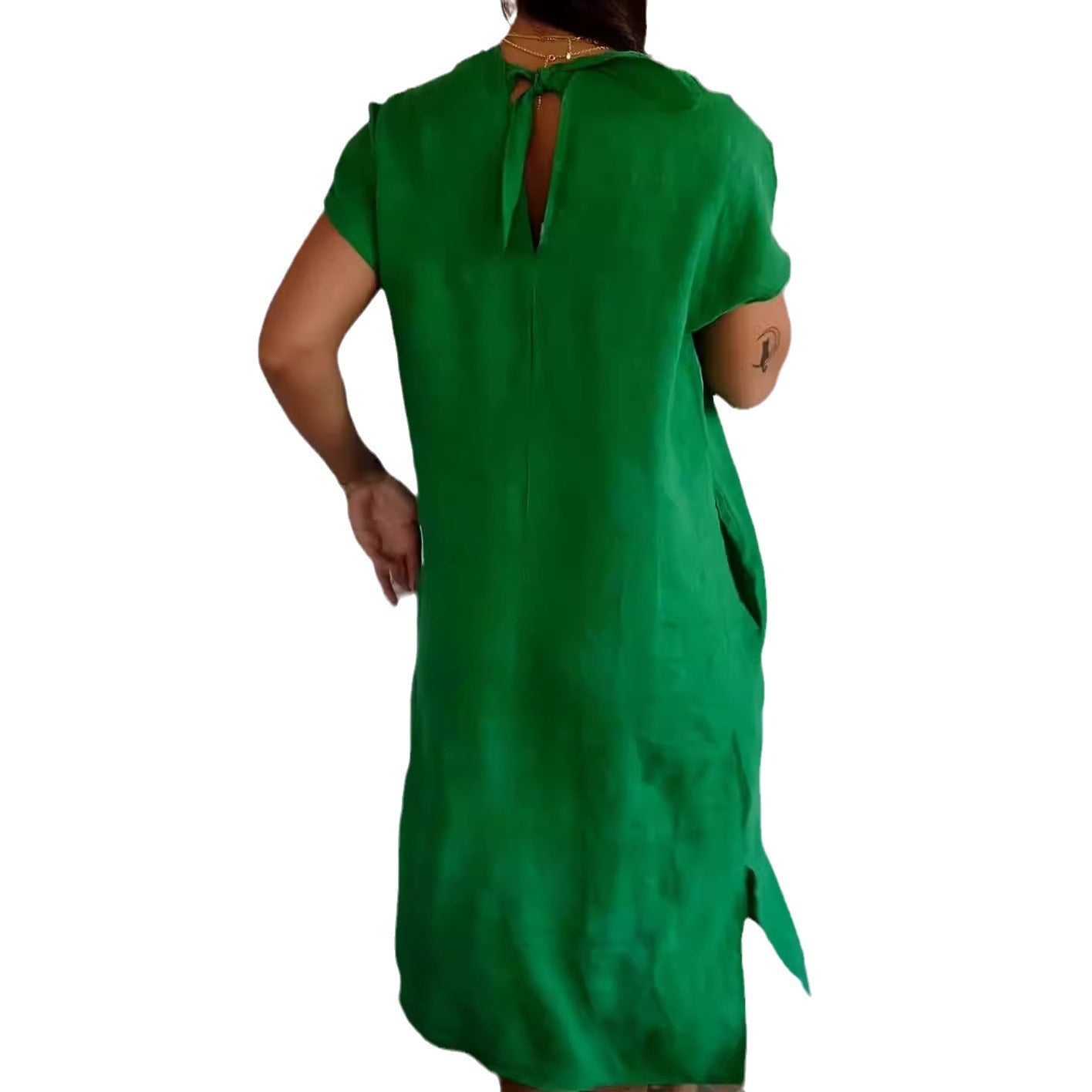 Damen Maxikleid – Lockerer Schnitt – V-Ausschnitt – Kurzarm – Mit Taschen – Baumwollgefühl