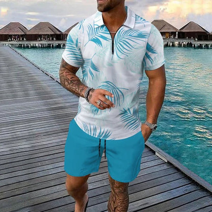 Herren Set mit Poloshirt und Shorts – Slim Fit – Atmungsaktiv – Kurzarm – Reißverschluss – Tropenprint
