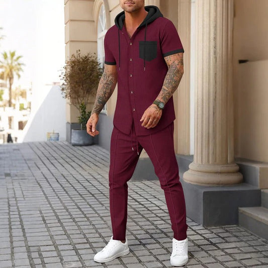 Herren Trainingsanzug Set – Baumwollmix – Relaxed Fit – Kapuzenjacke mit Knöpfen