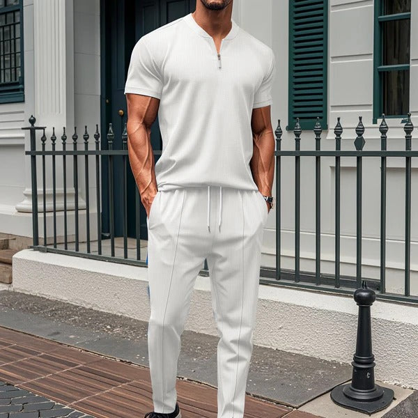 Herren Fitness Anzug – Slim Fit – Atmungsaktiv – Kurzarm Top mit Reißverschluss – Elastische Hose
