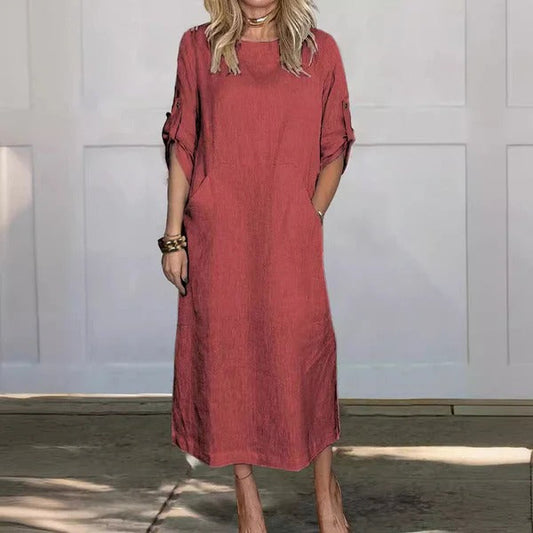 Damen Maxikleid – Linnen Stil – Lockerer Schnitt – Krempelärmel – Seitentaschen