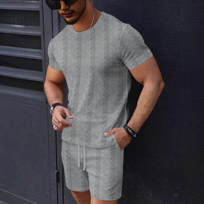 Herren T-Shirt und Shorts Set – Strukturstrick – Regular Fit – Rundhals – Kordelzug