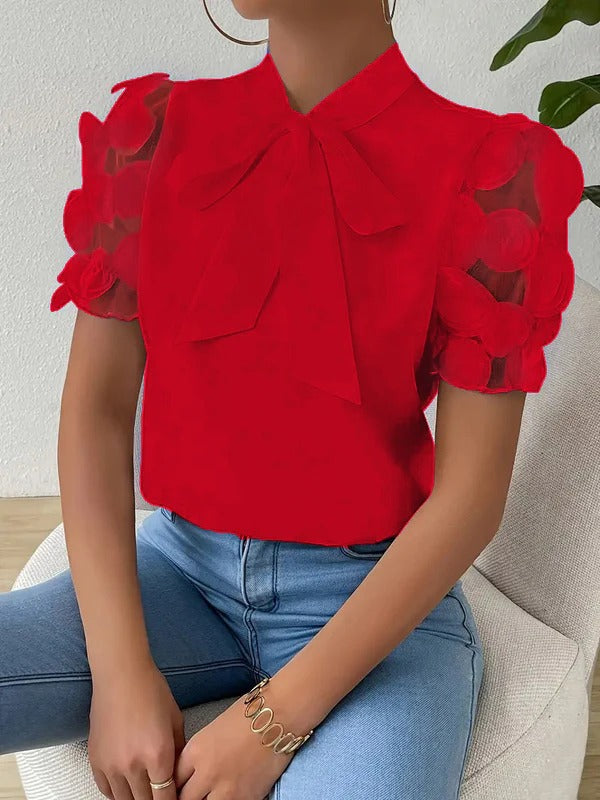 Damen Bluse – Regular Fit – Chiffonoptik – Puffärmel mit Applikationen – Schleifenkragen