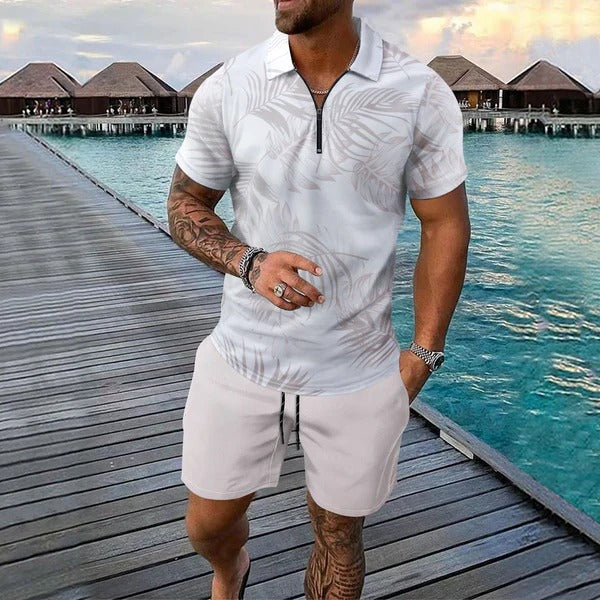 Herren Set mit Poloshirt und Shorts – Slim Fit – Atmungsaktiv – Kurzarm – Reißverschluss – Tropenprint