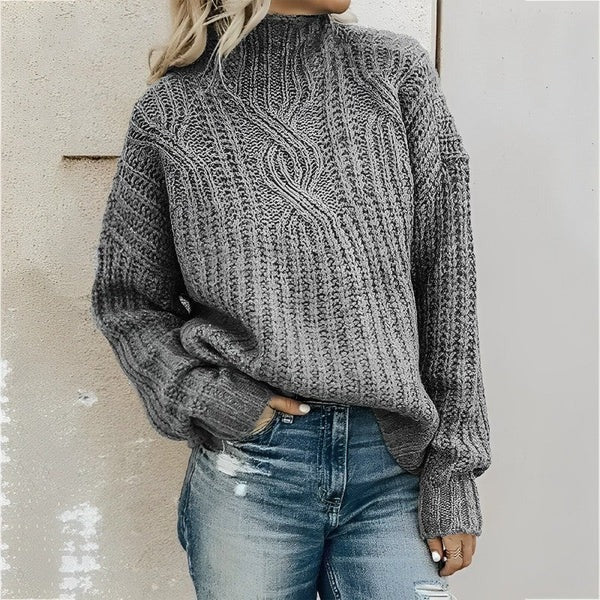 Damen Pullover – Oversize Passform – Wollmix – Zopfmuster – Hoher Kragen